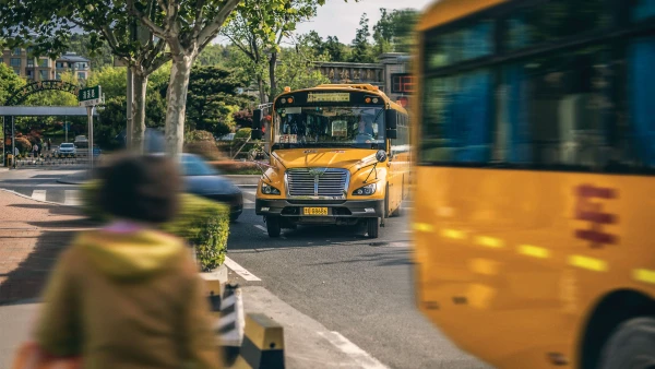 yellow school buses lined up outside the best international school in qingdao