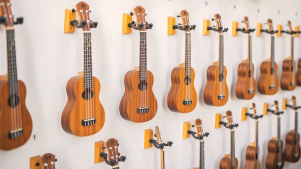 wall of many ukuleles at international school of qingdao early childhood learning center